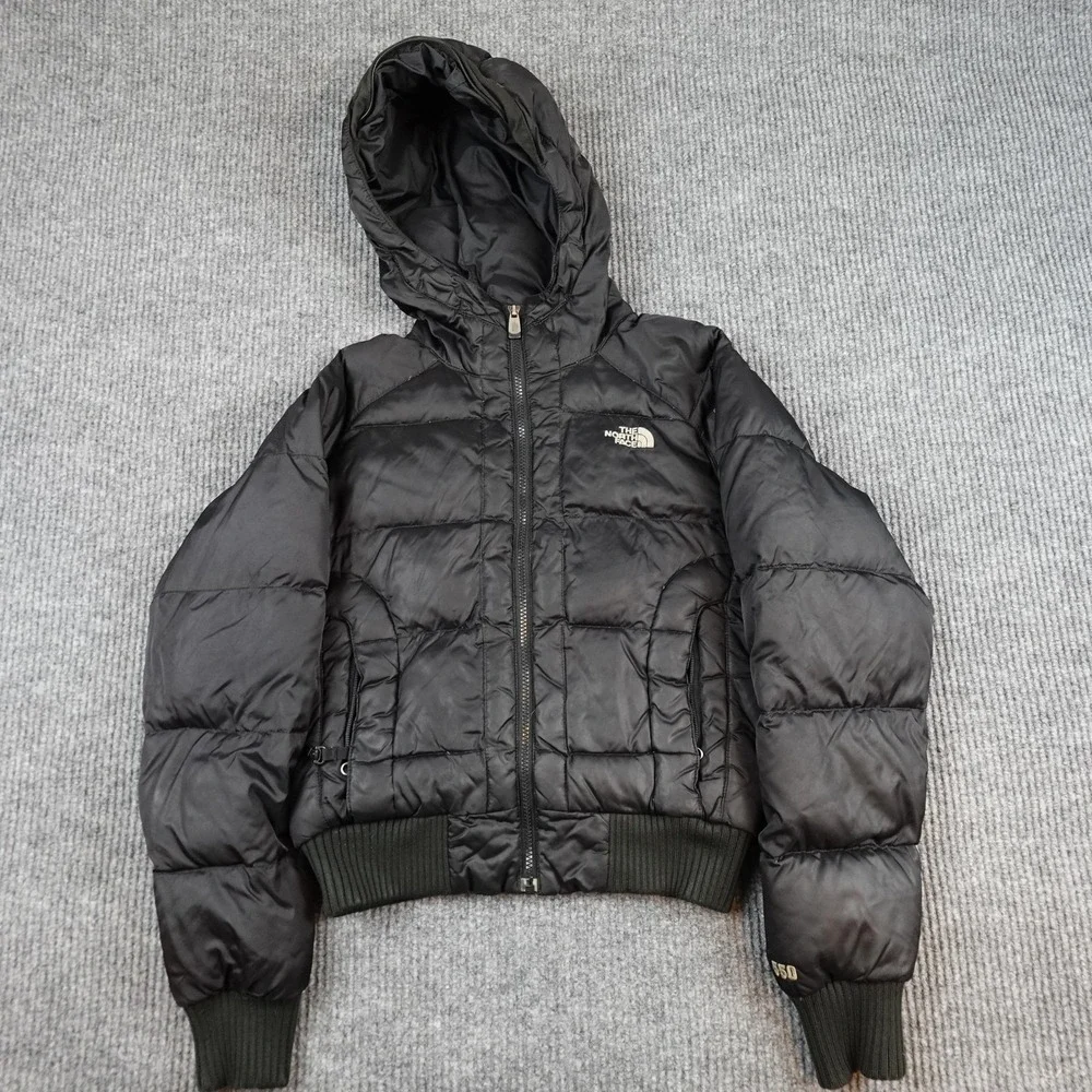 The North Face 550 Down Jacket Womens Small Black Hooded Quilted Puffer Full Zip - Picture 1 of 11